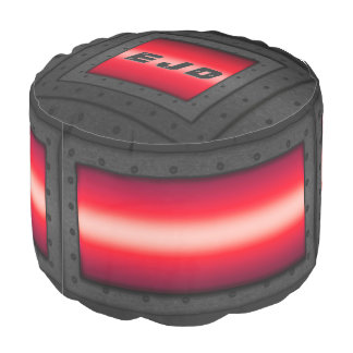 Monogram Man Cave Riveted Steel Frame on red Pouf