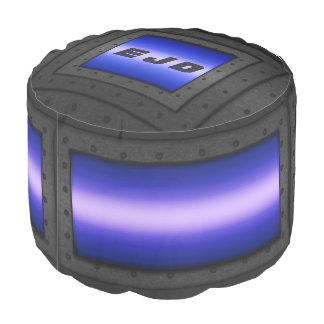 Monogram Man Cave Riveted Steel on royal blue Pouf