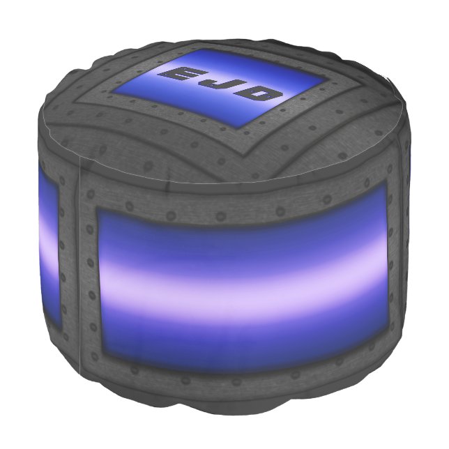 Monogram Man Cave Riveted Steel on royal blue Pouf (Angled Back)