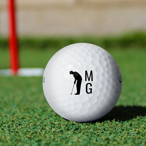 Monogram Man Golfing Silhouette Custom Initials Golf Balls