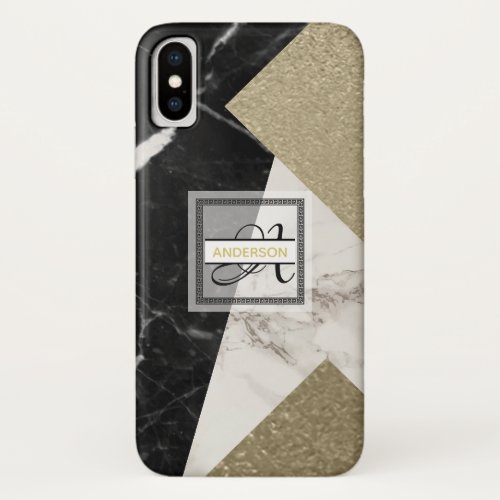 Monogram Marble Black Grey Gold Glitter Geometric iPhone X Case