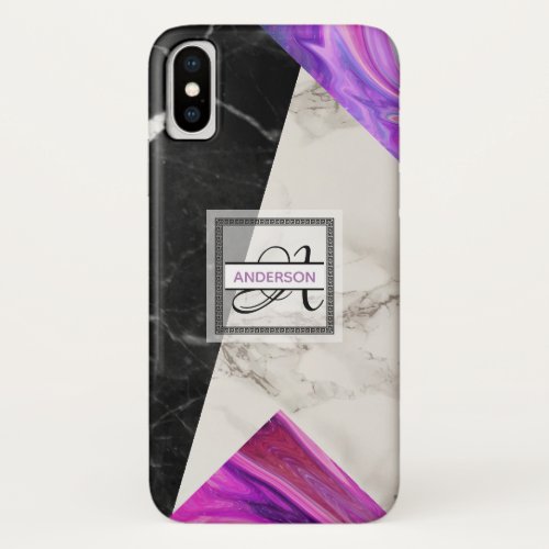Monogram Marble Black Pink Purple Geometric iPhone X Case