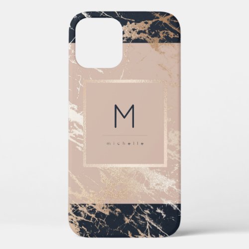 Monogram Marble Blush Pink Navy Rose Gold Modern iPhone 12 Case