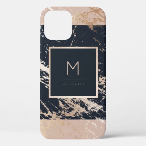 Monogram Marble Blush Pink Rose Gold Navy Modern iPhone 12 Case