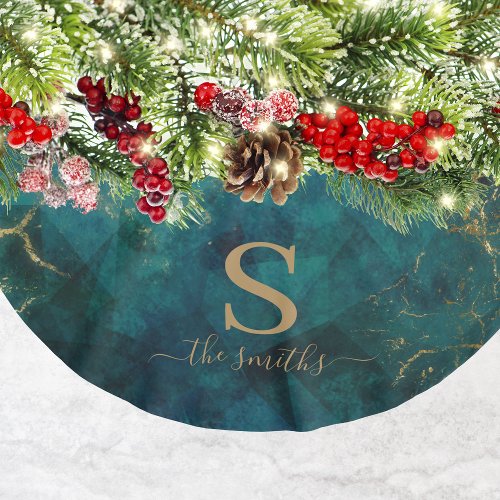 Monogram Marble Emerald Green Gold Christmas Brushed Polyester Tree Skirt