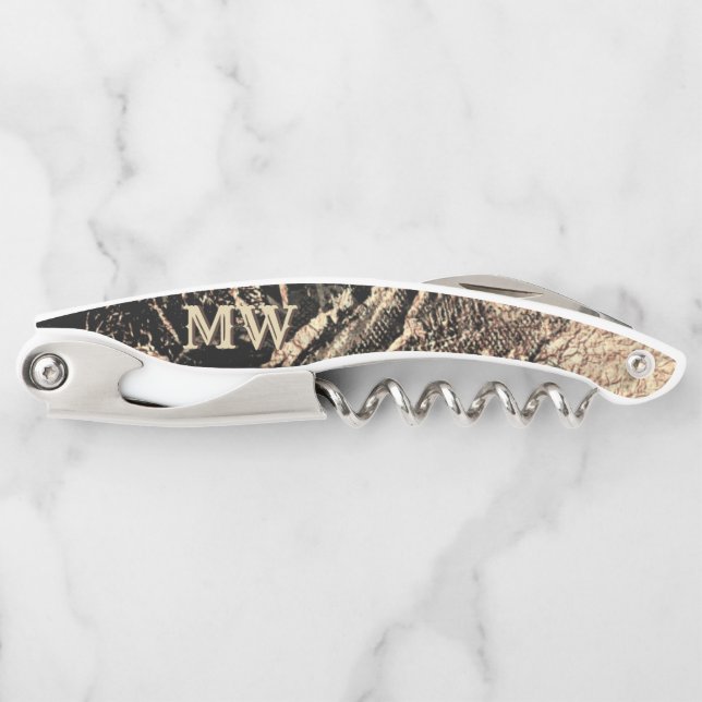 Monogram marble geode black faux gold chic waiter's corkscrew (Front)