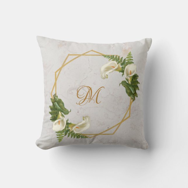 Monogram Marble Gold Calla Lilies Floral Geometric Throw Pillow (Front)