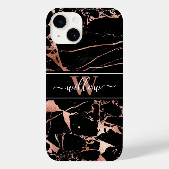 Monogram Marble Pattern Rose Gold Black Case-Mate iPhone Case (Back)