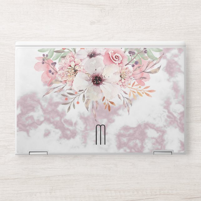 Monogram Marble Pink Floral HP Laptop Skin (Front)