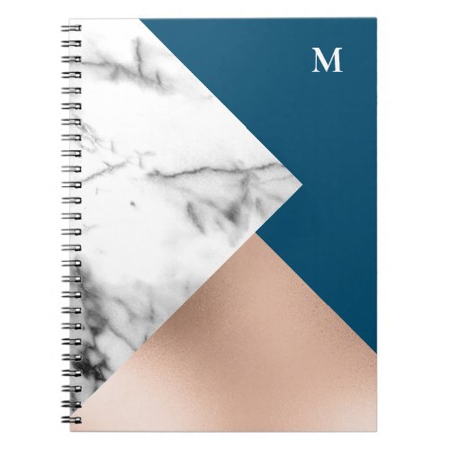 Monogram Marble Rose Gold Blue Modern Notebook