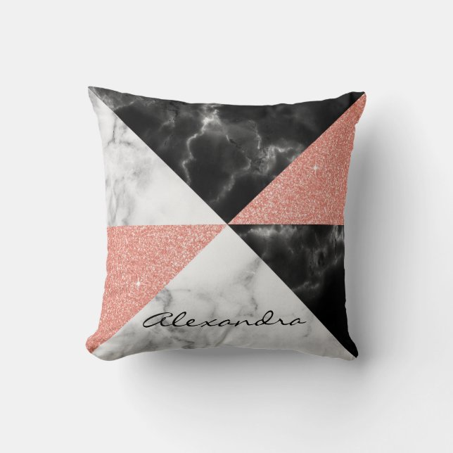 Monogram Marble & Rose Gold Glitter Geometric Throw Pillow (Front)