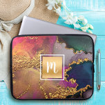 Monogram marble watercolor gold purple blue green laptop sleeve<br><div class="desc">A sparkly, faux gold foil square with a script typography monogram initial overlays a rich, gold veined, navy blue, hunter green, pink, and purple watercolor background on this elegant, trendy, girly, monogramed neoprene laptop sleeve. Makes a fun and stylish statement every time you use it. This laptop sleeve comes in...</div>