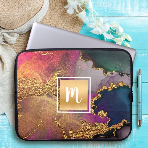 Monogram marble watercolor gold purple blue green laptop sleeve