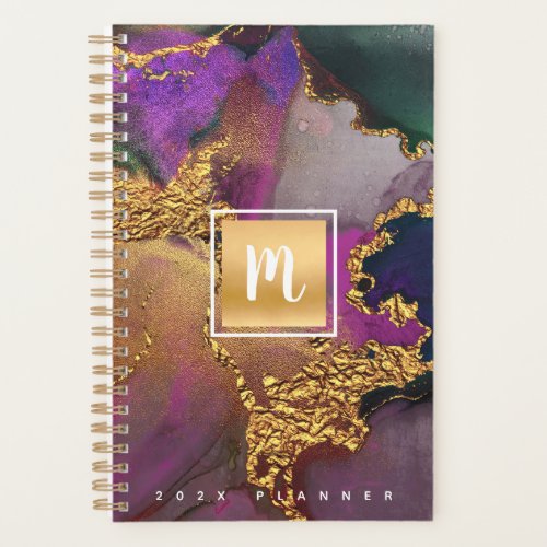 Monogram marble watercolor gold purple blue script planner