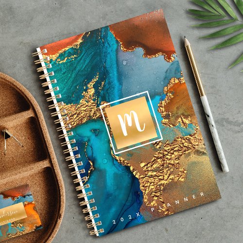 Monogram marble watercolor gold turquoise orange planner