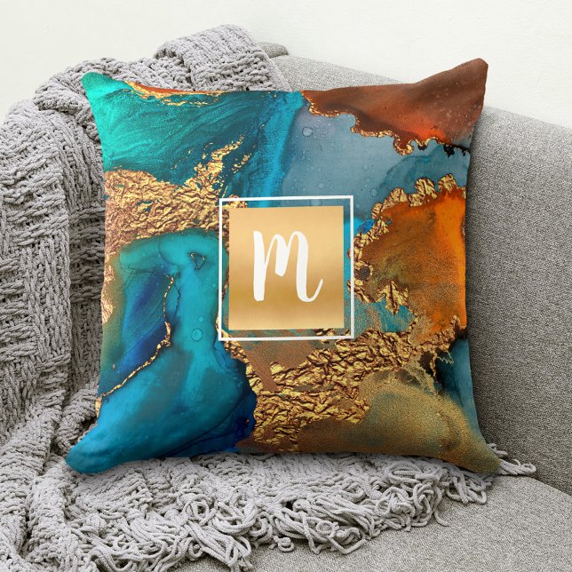Monogram marble watercolor gold turquoise orange throw pillow (Creator Uploaded)