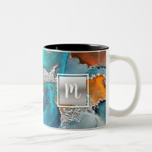 Monogram marble watercolor silver turquoise orange Two_Tone coffee mug