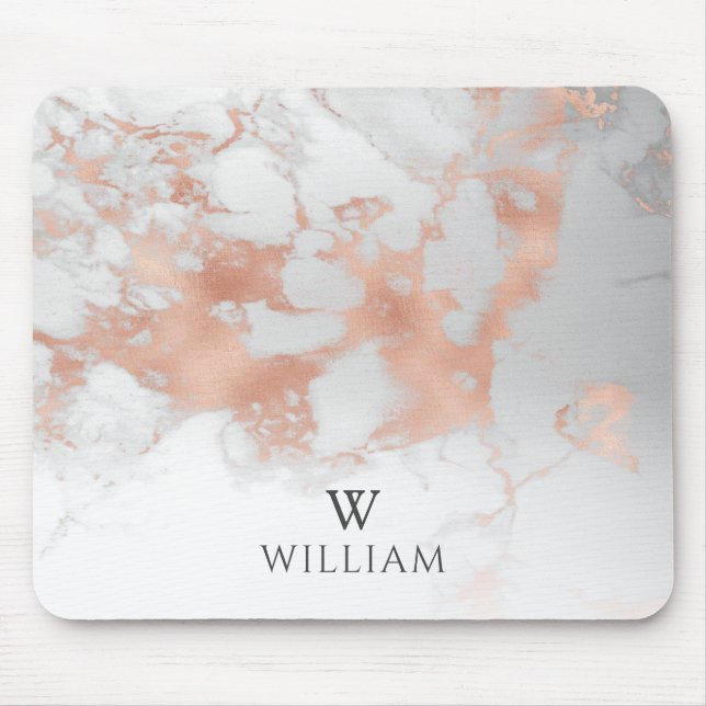 Monogram Marble White Rose Gold Elegant Modern Mouse Pad (Front)