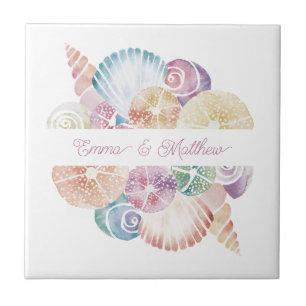 Monogram Marine Watercolor Sea Shells Wedding Logo Ceramic Tile