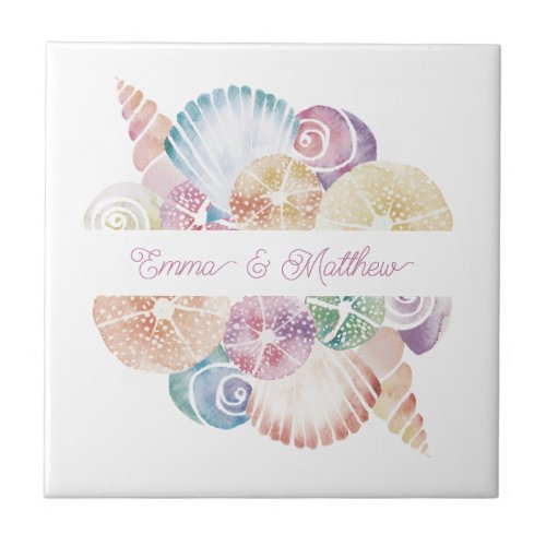 Monogram Marine Watercolor Sea Shells Wedding Logo Ceramic Tile