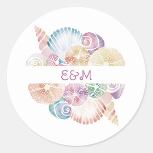Monogram Marine Watercolor Sea Shells Wedding Logo Classic Round Sticker