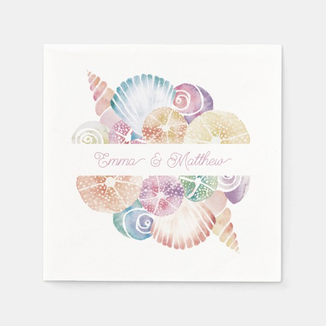 Monogram Marine Watercolor Sea Shells Wedding Logo Napkins (Front)
