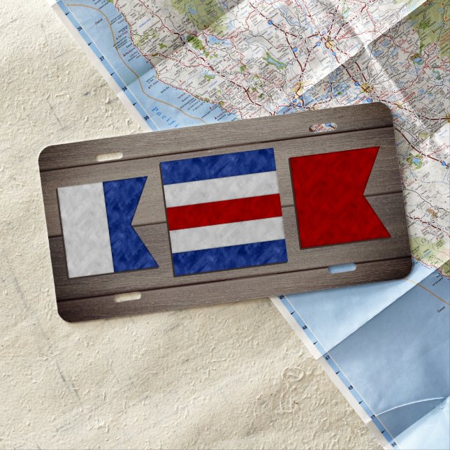 Monogram Maritime Signal Flag | Wood Background License Plate (In Situ)