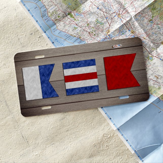 Monogram Maritime Signal Flag | Wood Background License Plate (In Situ)