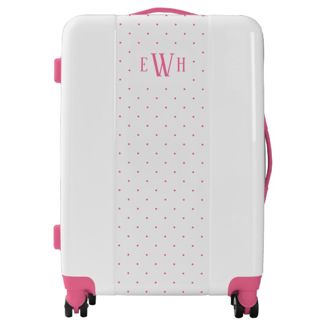 Monogram Marked Pink and White Polka Dot Luggage (Front)