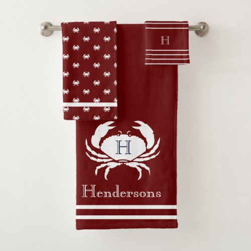 Monogram Maroon Red White Crab Nautical Bath Tow Bath Towel Set