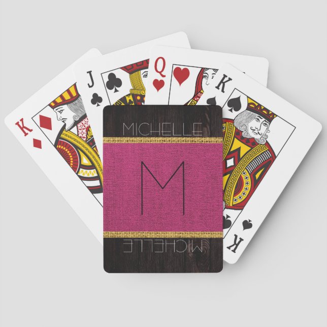 Monogram Maroon Rustic Burlap Wood Look Poker Cards (Back)