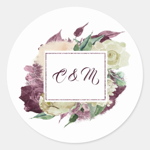 Monogram Marsala Burgundy Ivory Mint White Roses Classic Round Sticker