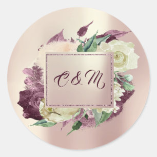 Monogram Marsala  Floral Ivory Mint Rose Gold Classic Round Sticker