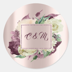 Monogram Marsala Floral Ivory Mint Rose Gold Classic Round Sticker