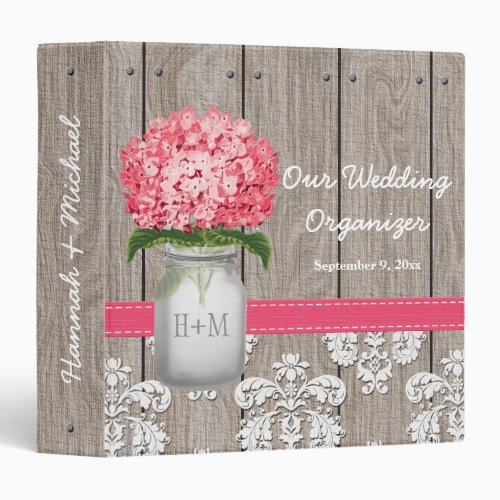 Monogram Mason Jar Bright Pink Hydrangea Organizer 3 Ring Binder