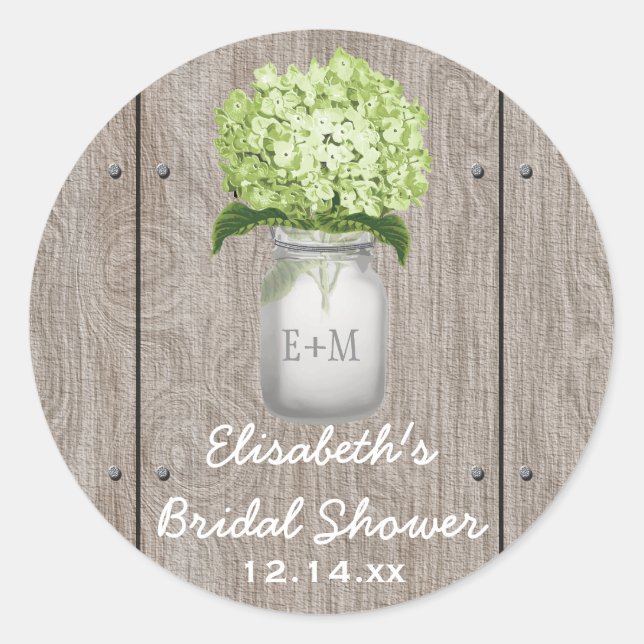 Monogram Mason Jar Green Hydrangea Bridal Shower Classic Round Sticker (Front)