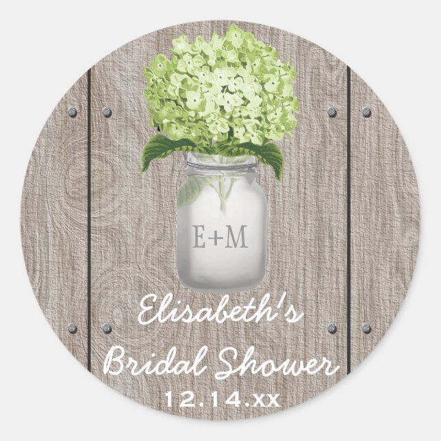 Monogram Mason Jar Green Hydrangea Bridal Shower Classic Round Sticker (Front)