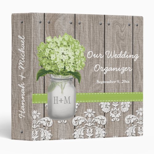 Monogram Mason Jar Green Hydrangea Wedding Planner Binder