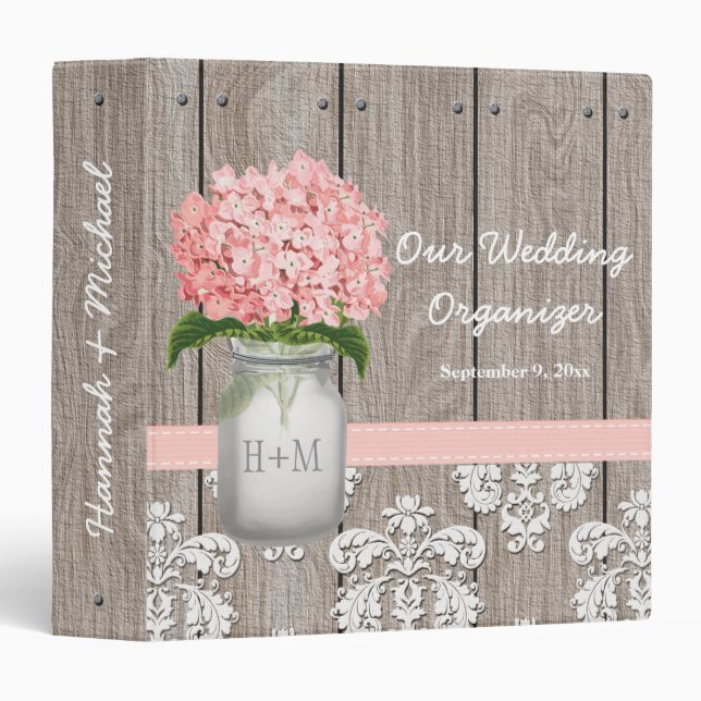 Monogram Mason Jar Pink Hydrangea Wedding Planner 3 Ring Binder (Front/Spine)
