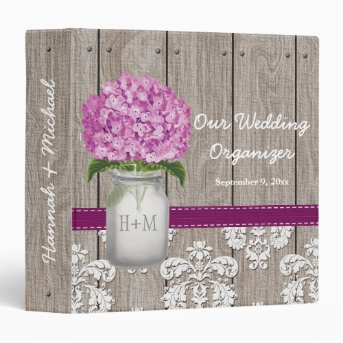 Monogram Mason Jar Plum Hydrangea Wedding Planner Binder