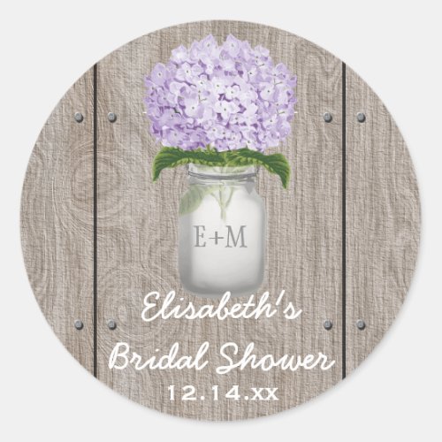 Monogram Mason Jar Purple Hydrangea Bridal Shower Classic Round Sticker