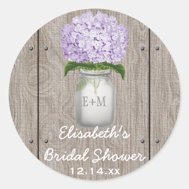Monogram Mason Jar Purple Hydrangea Bridal Shower Classic Round Sticker (Front)