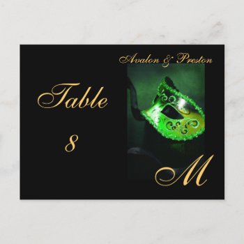 Monogram Masquerade Mask Green Table Placecard Postcard by theedgeweddings at Zazzle