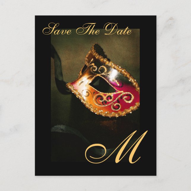 Monogram Masqurade Mask Save The Date Postcard (Front)