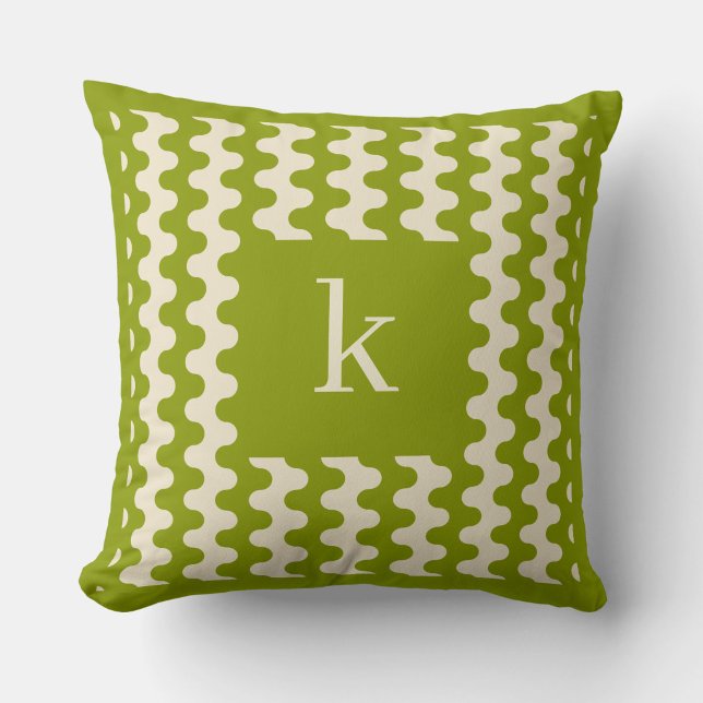 Monogram Matcha Lime Green Bold Wavy Pattern Throw Pillow (Creator Uploaded)