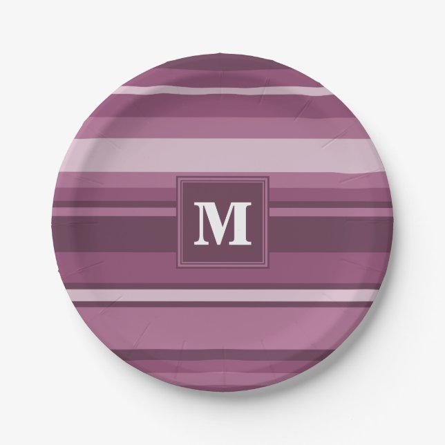 Monogram mauve stripes paper plates (Front)