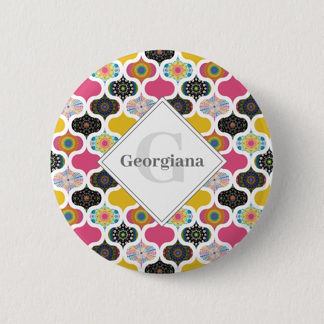 Monogram Maximalist Rainbow Dot Mandalas Patchwork Button (Front)
