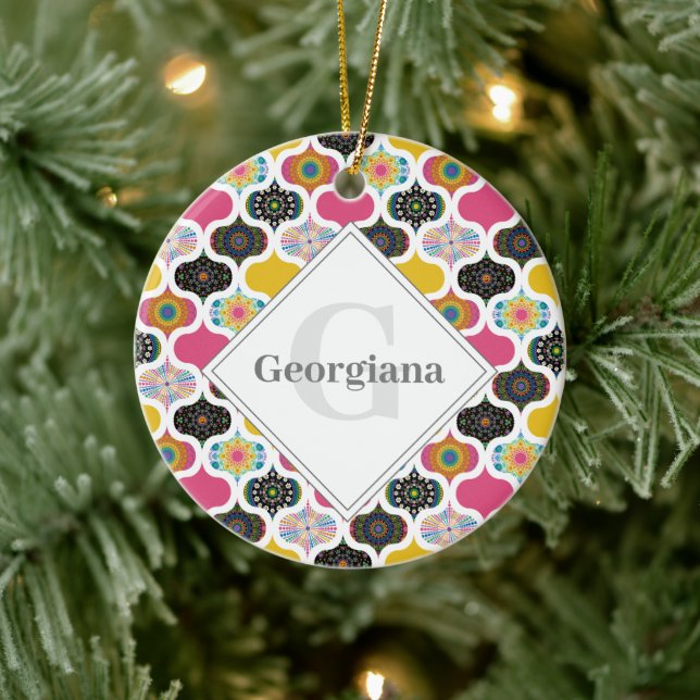 Monogram Maximalist Rainbow Dot Mandalas Patchwork Ceramic Ornament (Tree)