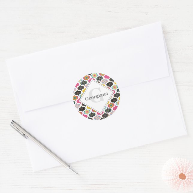 Monogram Maximalist Rainbow Dot Mandalas Patchwork Classic Round Sticker (Envelope)