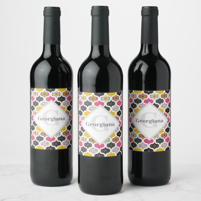 Monogram Maximalist Rainbow Dot Mandalas Patchwork Wine Label (Bottles)